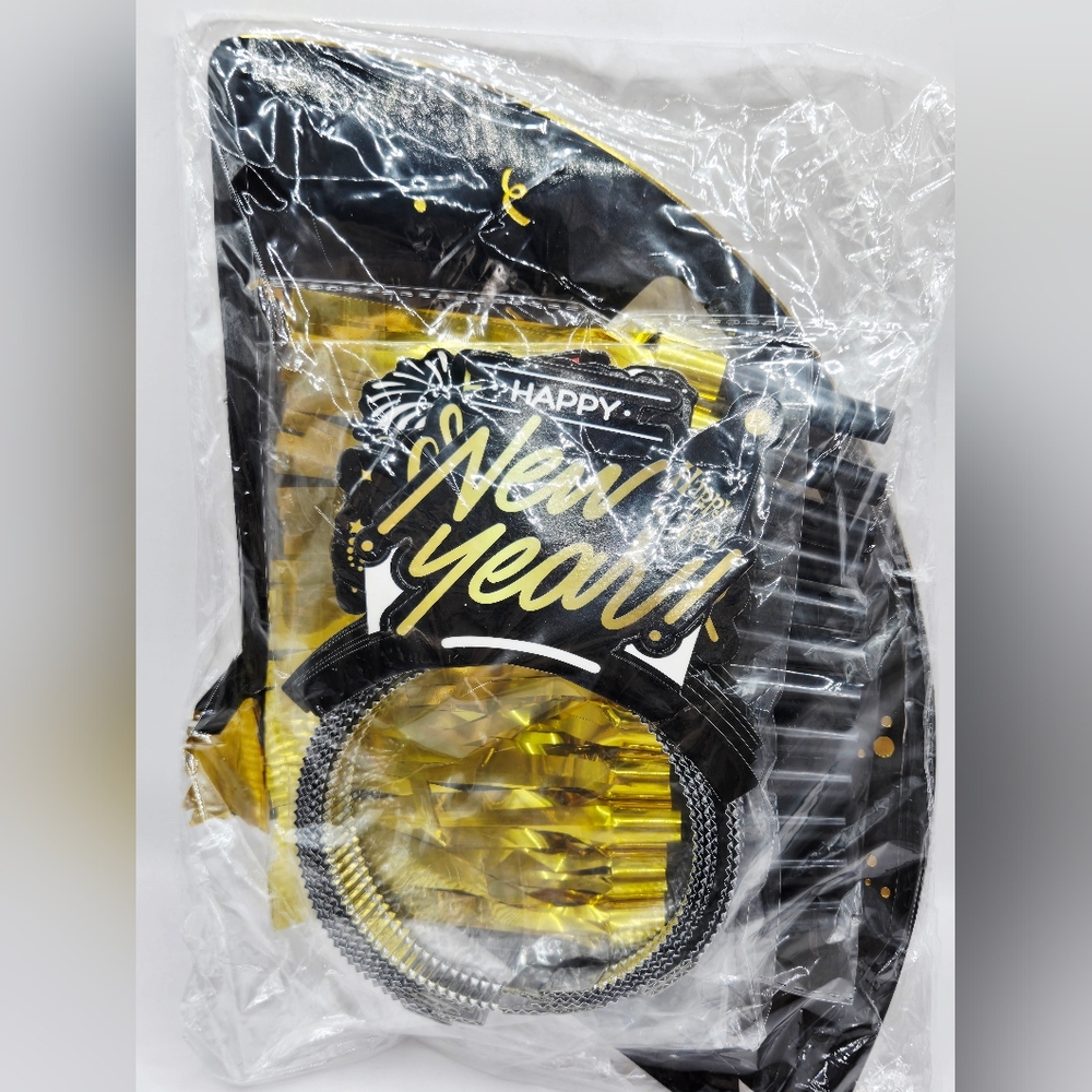 New Years Party‎ Supplies Headbands Hats Blowers Balloons Black Silver Gold